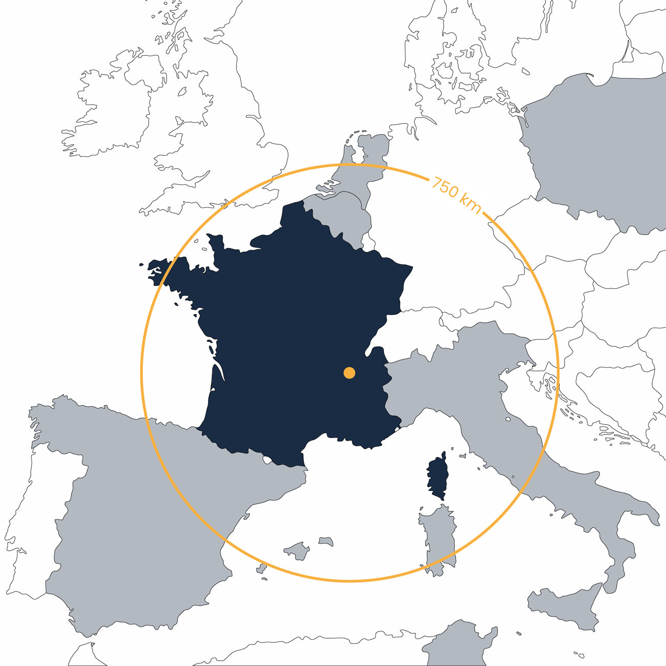 Carte montrant ce que représente 750km autour du lieu d'assemblage du FAAR Ride