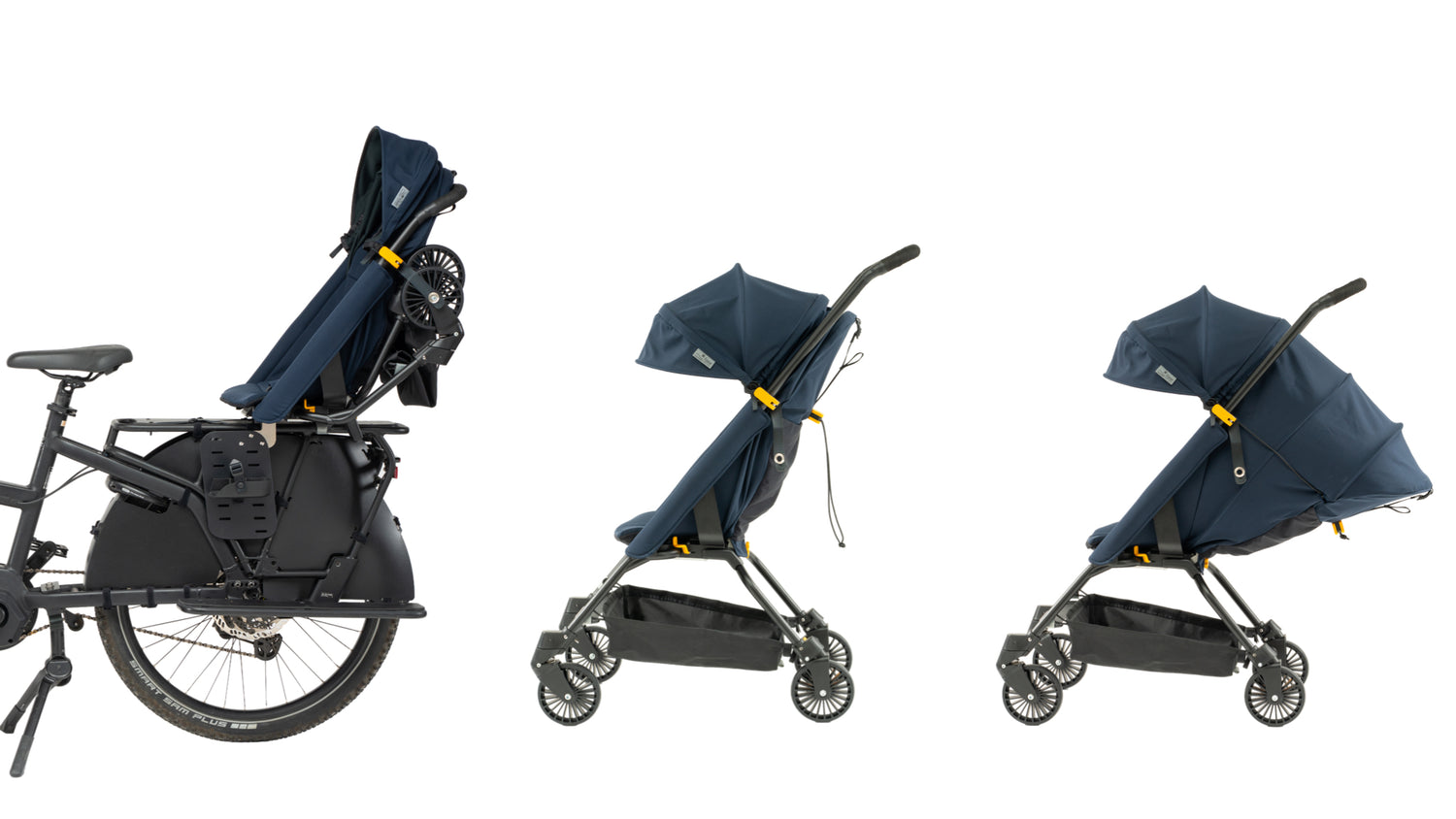 Le FAAR Ride en mode poussette pour nouveau-né, en mode poussette à partir de 6 mois et en mode siège vélo